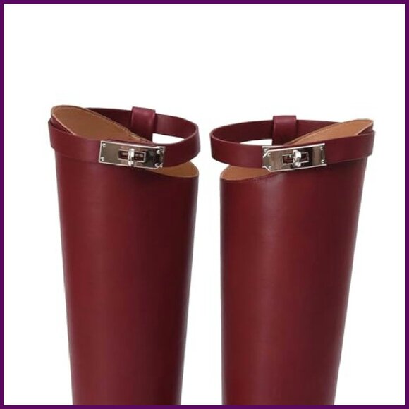 Women's Knee High Riding Boots Silver Buckle Faux Leather Motorcycle Style - Picture 5 of 8